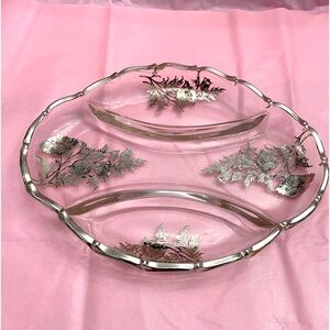 VTG DIVIDED RELISH DISH WITH STERLING SILVER TRIM AND STERLING SILVER OVERLAY